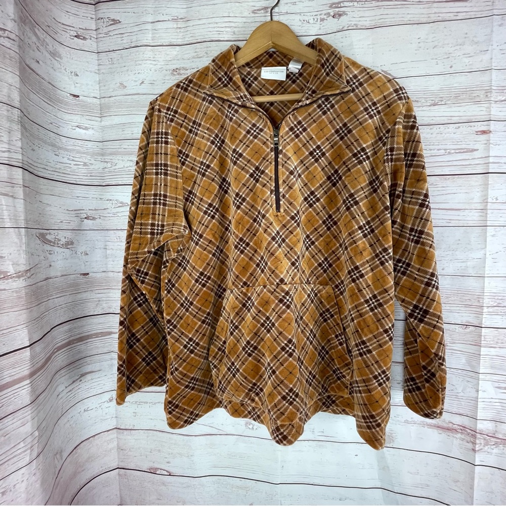 Liz Claiborne Pullover Sz XL Velour Plaid Half Zip Sweater Vintage Funky